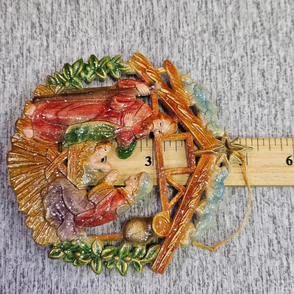 VTG 70s Christmas Tree Ornament Set of 2 Nativity Baby Jesus Mary Joseph Stable